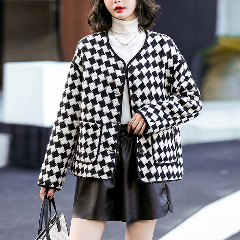 

Зимнее шерстяное пальто с рисунком «гусиные лапки», женские повседневные короткие пальто в клетку, одежда Y2k, корейские модные твидовые пальто, куртки