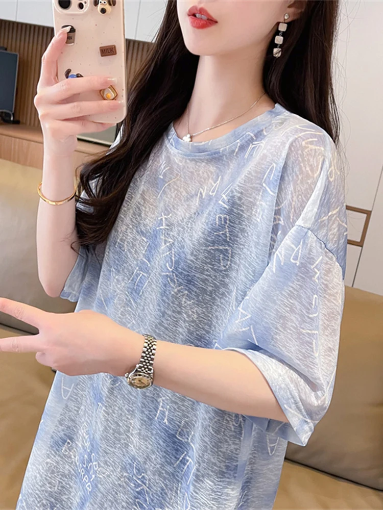 #0665 быстросохнущая футболка с коротким рукавом принтом женская тонкая свободная