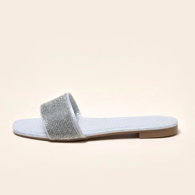 

New Golden Silver Bright Rhinestone Peep Toe Slippers Women's Flat Sandals Beach Shoes Ladies Fashion Summer Shoes Plus Size