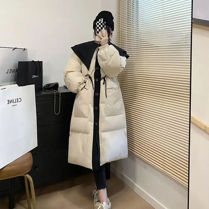 2023 New Women Winter Korean Vintage White Duck Down Jacket Fashion Casual Female Warm Solid Loose Long Sleeve Coats Tops C69