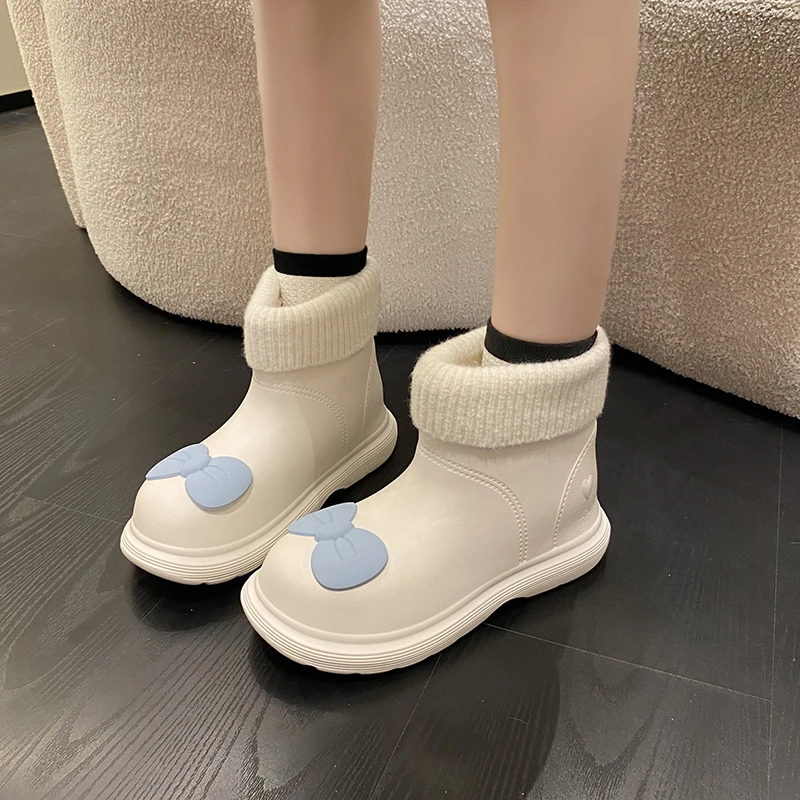 

Winter 2023 New Women's Fashion Thick Sole High Top Soft Sole Anti Slip Waterproof Bow Knot Cute Cartoon Walking Boots