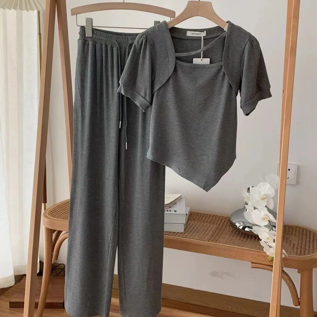 

Two Piece Set For Women Matching Sets 2023 Summer Square Neck Split Short Sleeved T-shirt Top+Wide Leg Trousers Black Suit