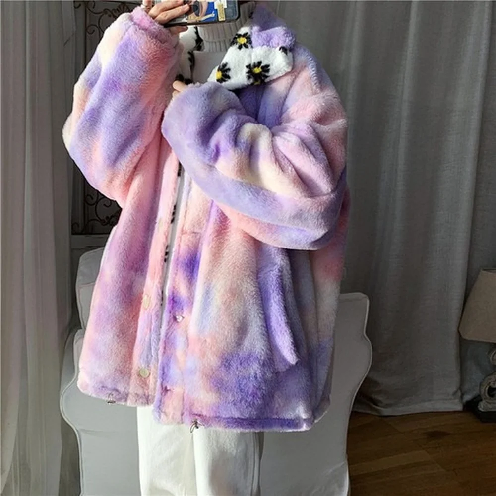 Rainbow Jacket Double-sided Wear for Men / Women Couples Printed Windmill Winter Flowers Lambs Wool Jacket Gradient Youth Jacket