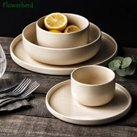 coarse pottery sesame glaze tableware dinnerware set matte frosted ceramic dinner plate rice bowl cabbage plate soup bowl