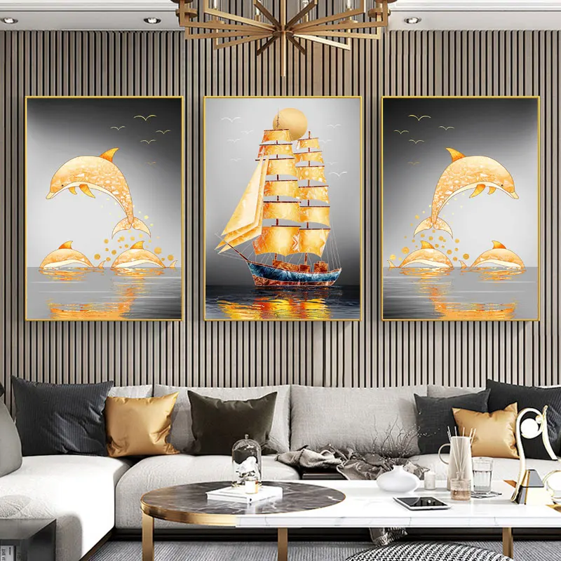 

Modern Golden Sailboat Dolphins Landscape Canvas Painting Mural Wall Art Posters Print Pictures for Living Room Decor Cuadros
