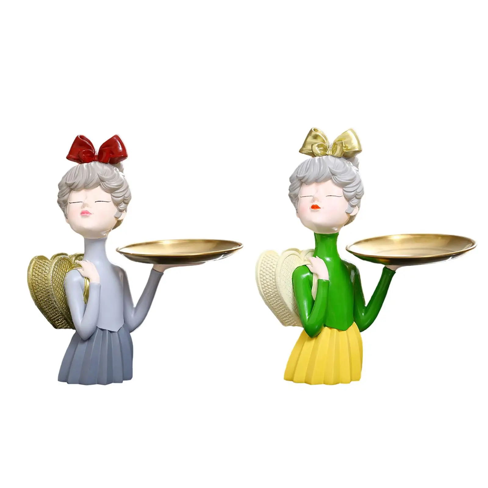 

Cartoon Girl Figurine with Storage Tray Ornament Figure Statue for Desktop Living Room