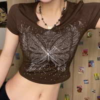 brown vintage butterfly graphic print goth t shirt short sleeve shirt aesthetic crop tops y2k clothes fairy grunge streetwear