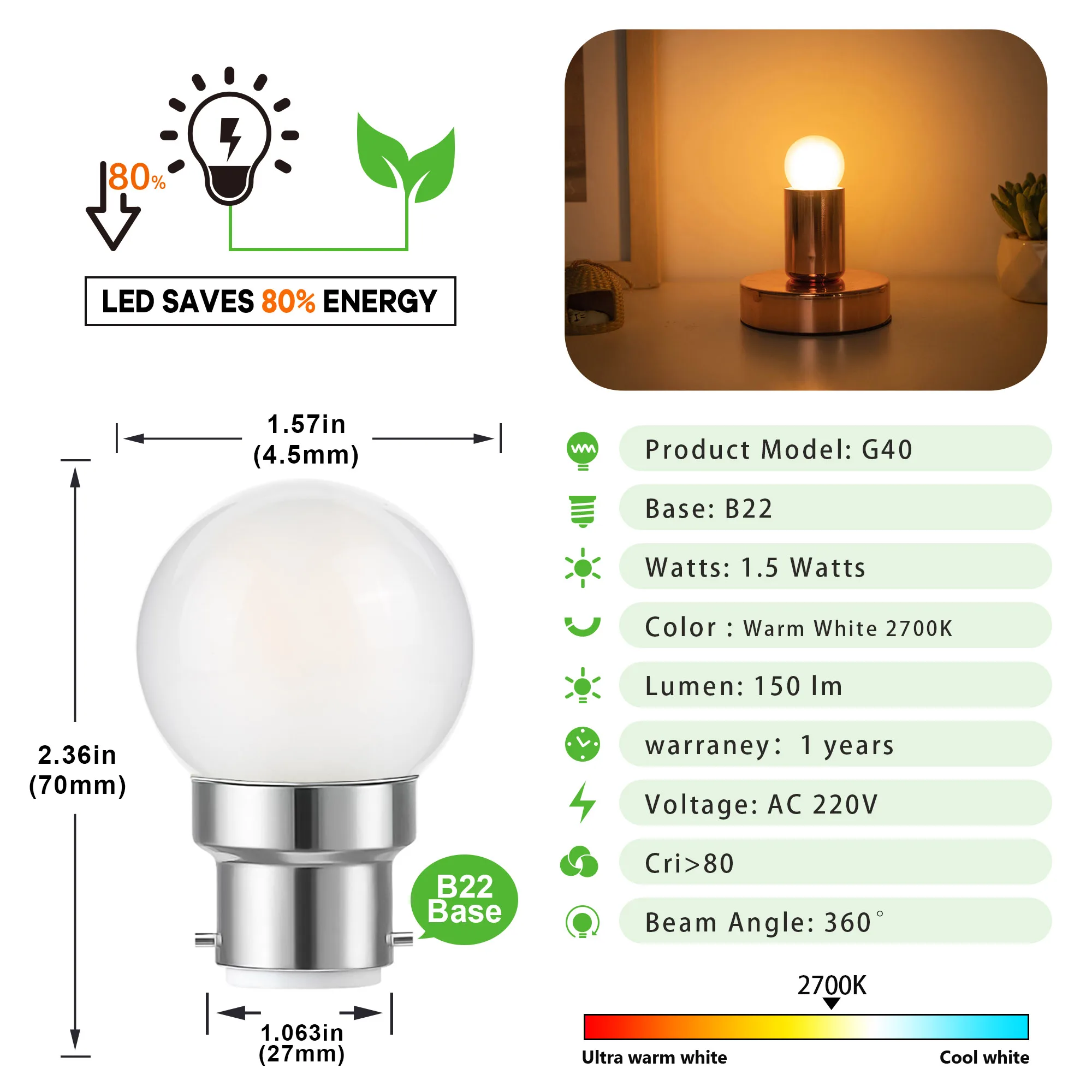 Фото Светильная лампа G40 Led 220V B22 с фундаментом 1.5W с теплой белой проволокой заменяет сферическую люстру №3