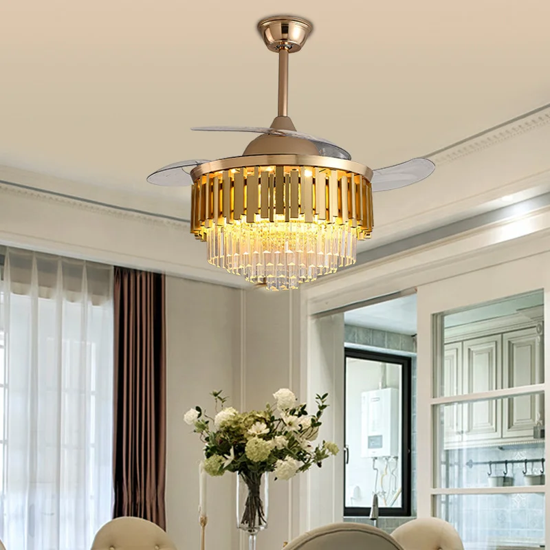 

Chandeliers Led Ceiling Fan Pendant Lamp Art Modern Crystal Living Dining Room Invisible Nordic Luxury Household Remote Lights