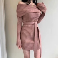 korea chic sexy fold slash neck sweater dress long sleeve mini pink knitted dresses bandage slim waist women vestidos 2021 new