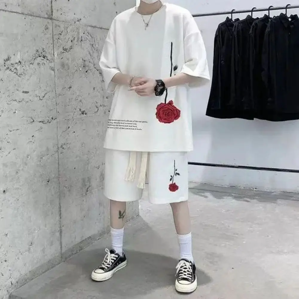 M-5XL Korean Fashion Streetwear Hip Hop Rose Casual Short  Suit Tshirt 2 Piece Set Summer Tracksuit Men Harajuku Oversize Tee