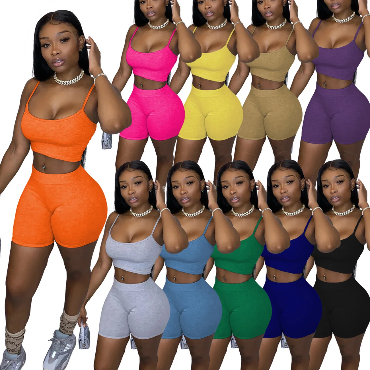 

2023 spring and summer new women's dress solid color open navel suspender vest bicycle pants suit