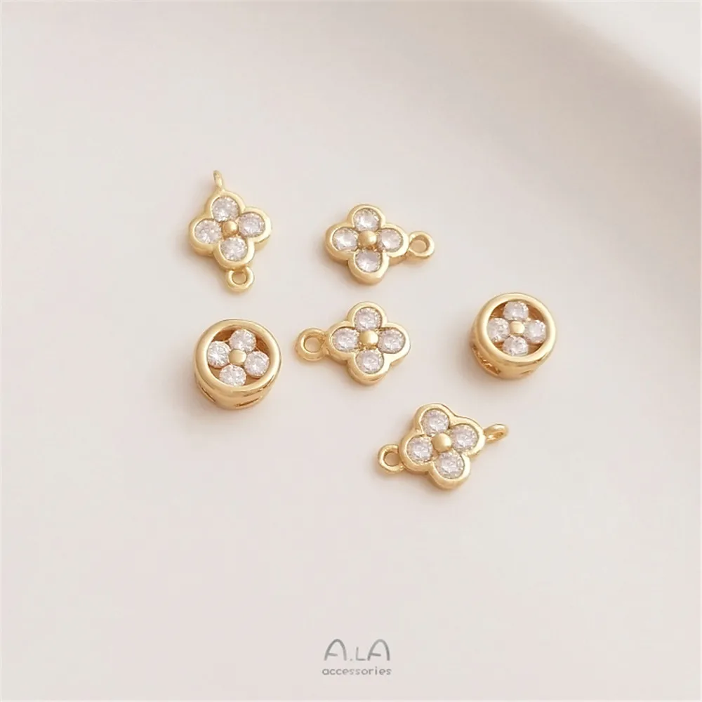 

1pcs 14K Gold Zircon clover pendant round lucky grass beads handmade DIY headpiece double hanging accessories