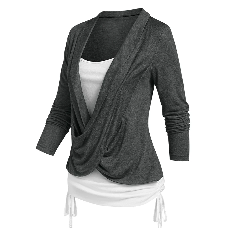 

Crossover Cinched Heathered Faux Twinset T-shirt Women Tee T Shirt Long Sleeve 2 In 1 T-Shirts