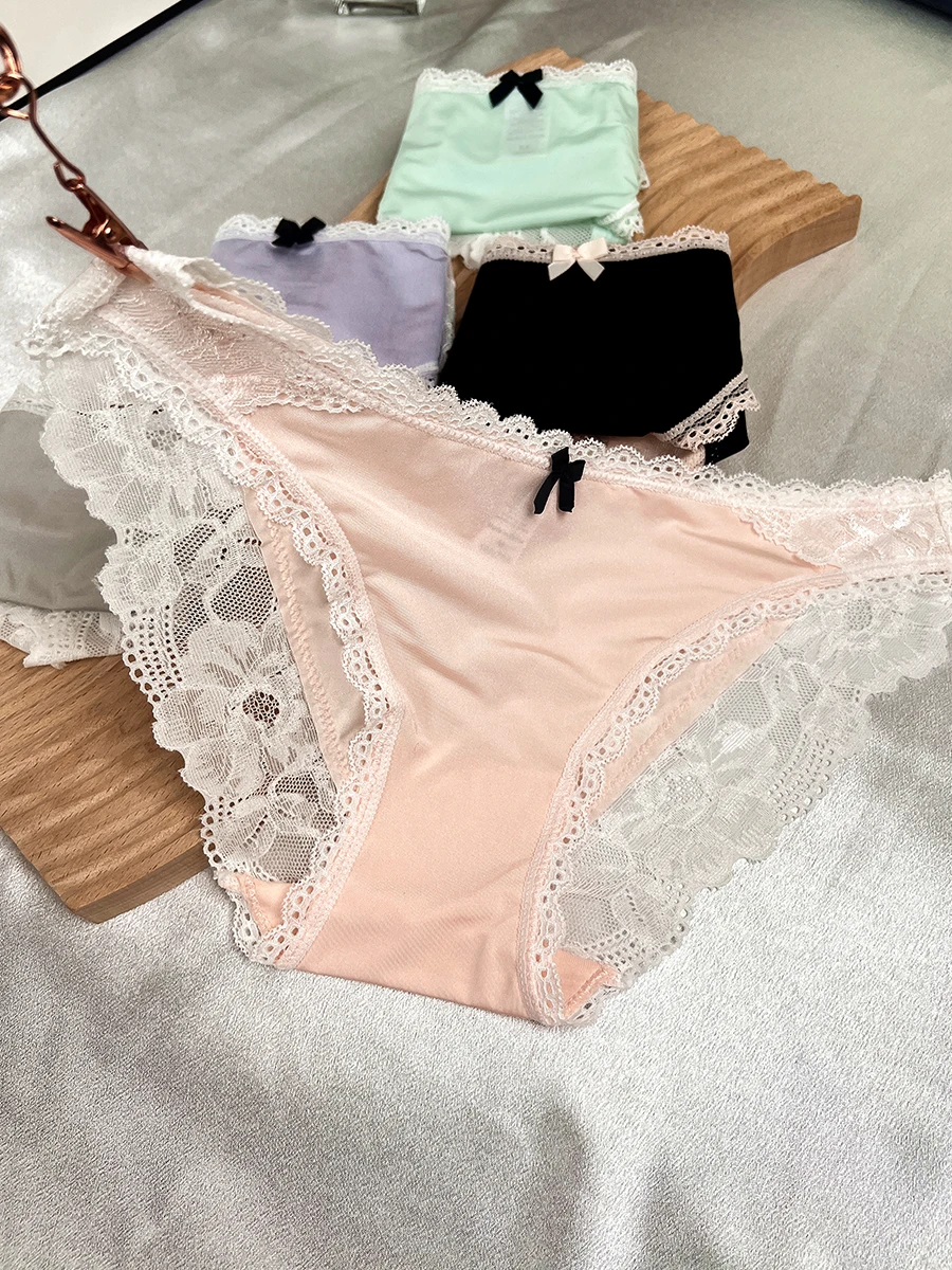 Low Waist Cream Lace Underwear Women Seamless Ice Silk Thin Sweet Girl Student Comfortable Cotton Crotch Briefs