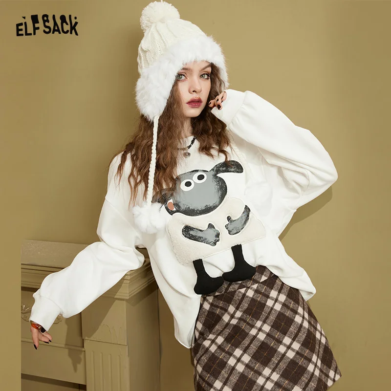 ELFSACK White Fleece Knitwears Women 2022 Autumn/Winter Long Sleeve Basic Tops