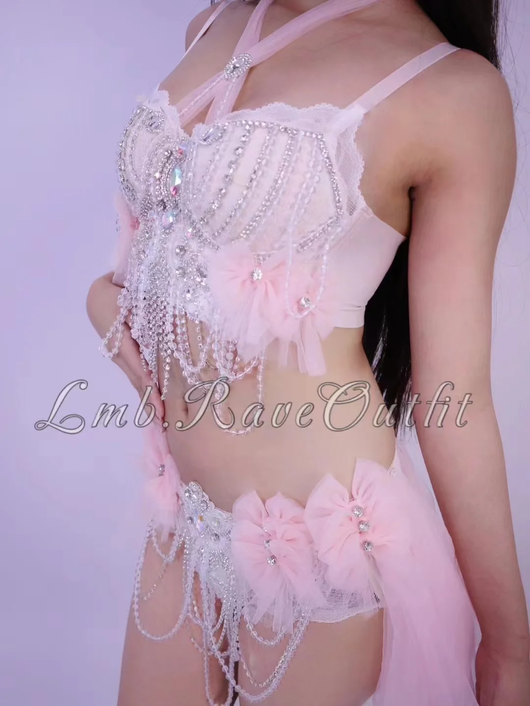 Сексуальная юбка-бикини с розовыми бриллиантами и кисточками комплект