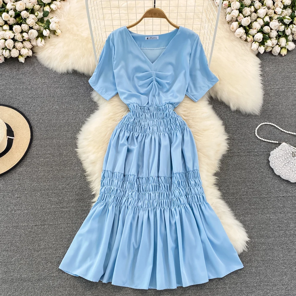 

Платье Foamlina женское с V-образным вырезом, однотонное повседневное приталенное вечернее, с коротким рукавом, со складками, с эластичным поясом, ТРАПЕЦИЕВИДНОЕ средней длины, на лето