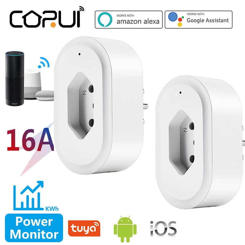 

CoRui Tuya 16A BR Plug Smart Life Remote Control Hand-free Socket Outlet Works With Alexa Google Home 1pcs/2pcs Wifi Smart Plug
