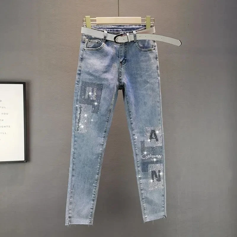 

Streetwear Women High Waist Letters Beading Elasticity Jeans Ladies Slim Sequin Pencil Pants Denim Trousers Fashion 2023 New