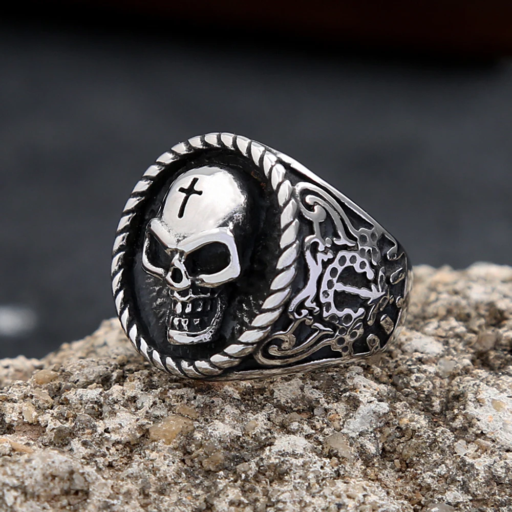 

Vintage 316L Stainless Steel Ghost Skull Ring For Men Boys Punk Gothic Cross Skull Rings Biker Jewelry Creativity Gift Wholesale