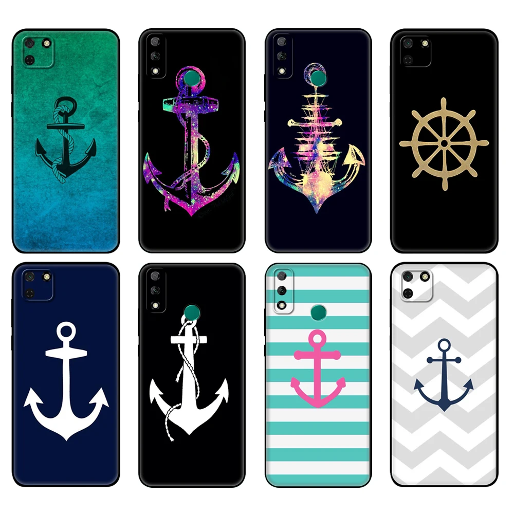 

Black tpu Case For Huawei Y9S Y6S Y8S Y5P Y7P Y8P Case For Huawei Y5 lite Prime Y6 2019 Cover Stripes Anchor Boat Ship Wheel