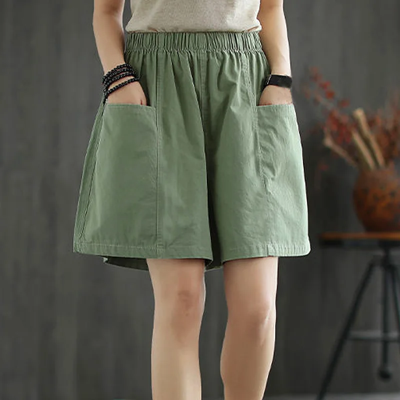 Women Casual Straight Pant Wide Leg Elastic Waist Solid Color Big Pockets Baggy Shorts Soft Loose Basic Fashion