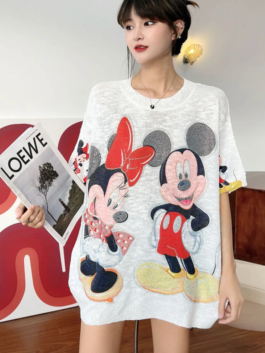 

2022 Summer New Cartoon Printed Short Sleeve T-shirt Knitwear Women's Thin Round Neck Rhinestone Mid-Length Fashion Knit Shirt