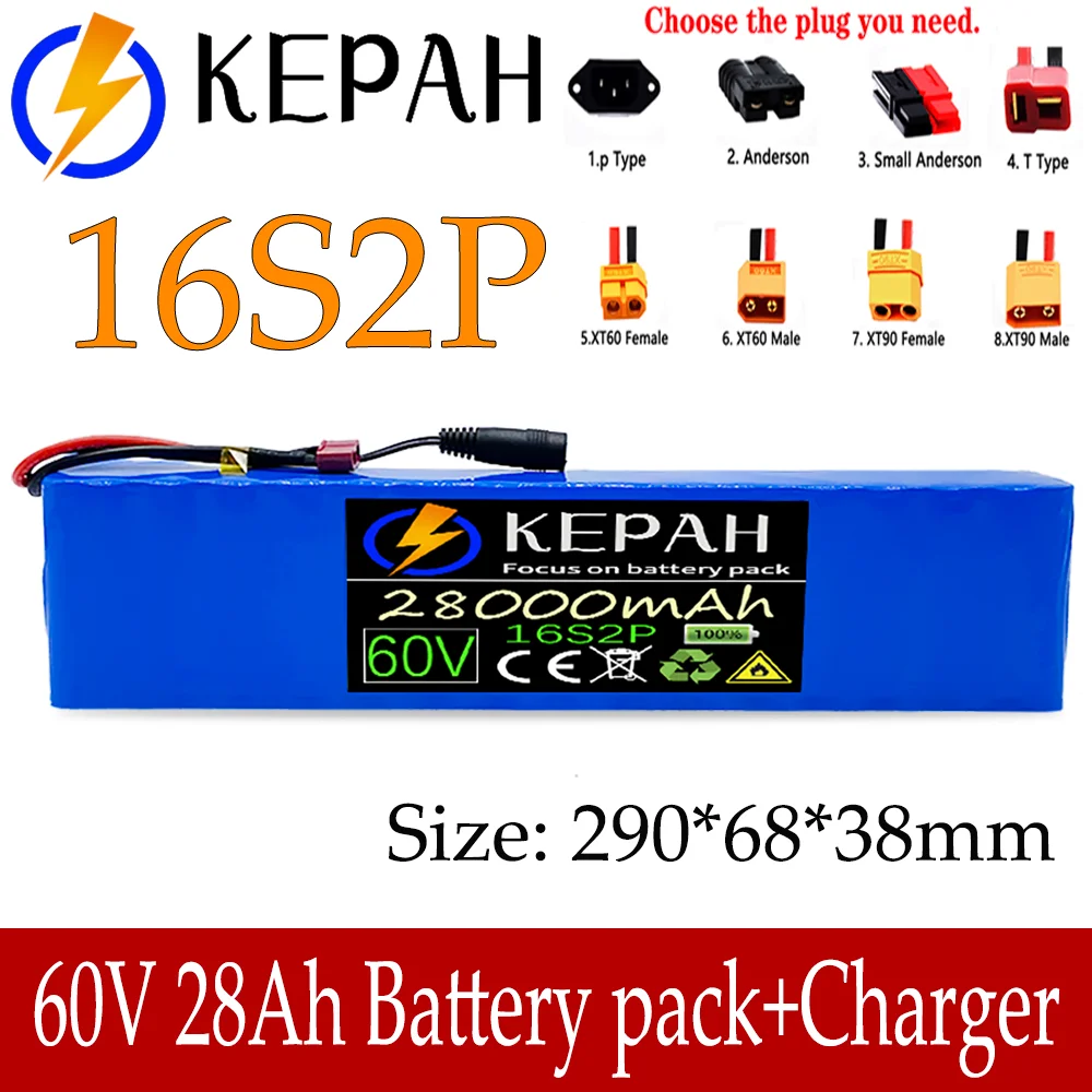 

60V 16S2P 28Ah 18650 Li-ion Batterie Pack 67.2V 28000mAh Ebike velo Electrique Scooter avec BMS 1000 Watts BMS prise