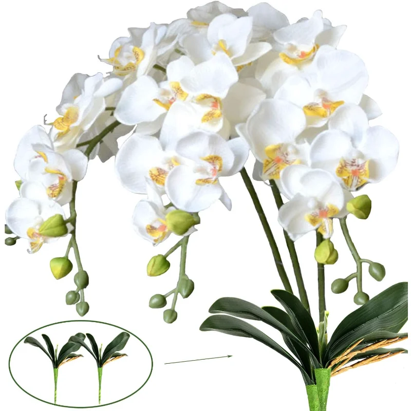 

31" Artificial Orchid Flowers Silk Phalaenopsis 3 Pcs with 2 Bundles Leaves Stem Plant Fake Flower for Home Wedding Party Décor