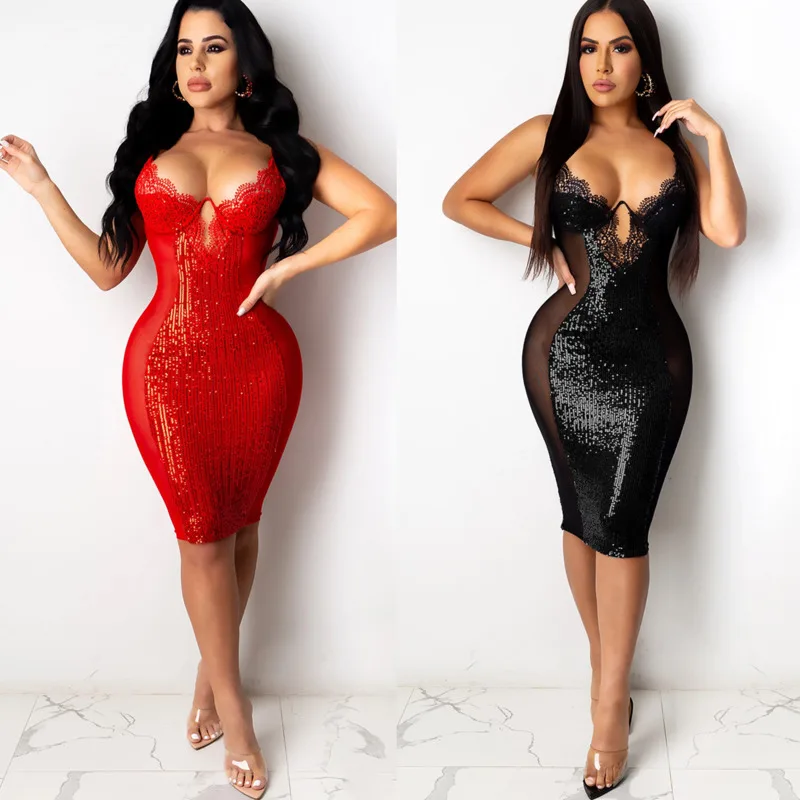 

#6244 черно-красное кружевное мини-платье без бретелек с V-образным вырезом, женская сексуальная клубная одежда, облегающее платье с блестками...