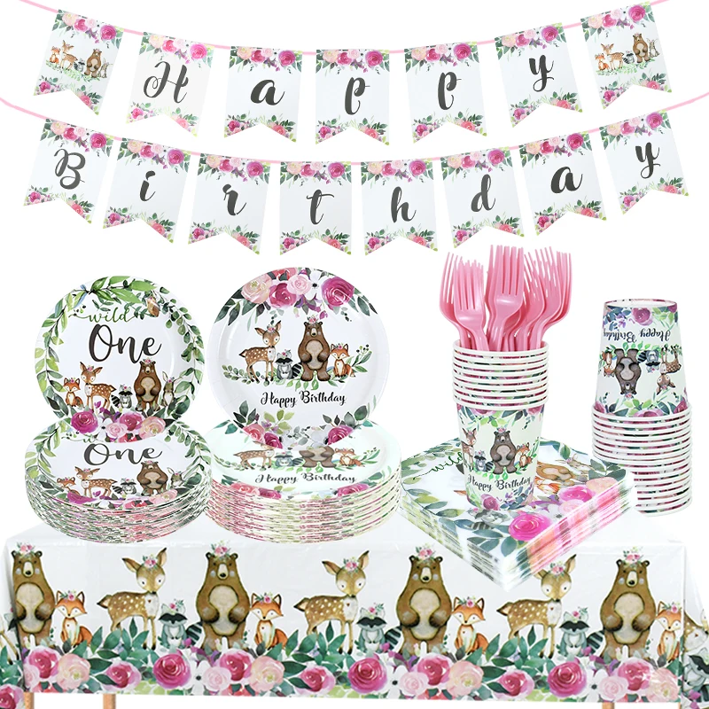 

Wild One Disposable Tableware Jungle Safari Animal Birthday Party Decoration Paper Plates Cups Forest Theme Baby Shower Suppiles