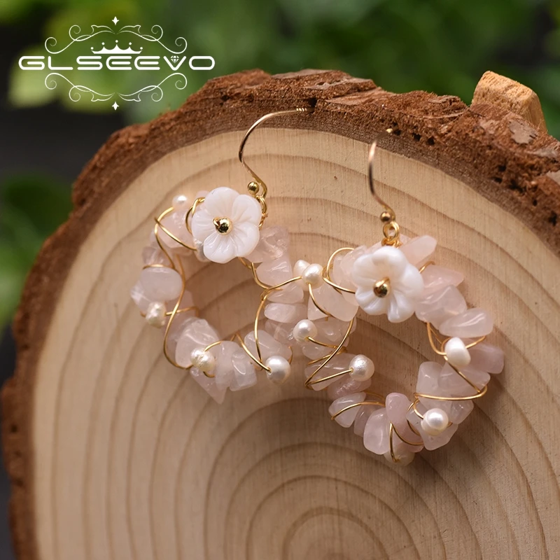 

GLSEEVO Handmade Flower Hoop Earrings For Women Engagement Round Crystal Natural Crystal Drop Earrings Luxury Jewelry GE0962D