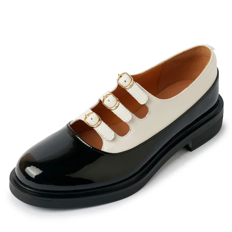 

Женские осенние туфли из воловьей кожи, с круглым носком, с глубоким носком, в британском стиле, контрастных цветов, с ремешком и пряжкой, с пряжкой, на плоской подошве