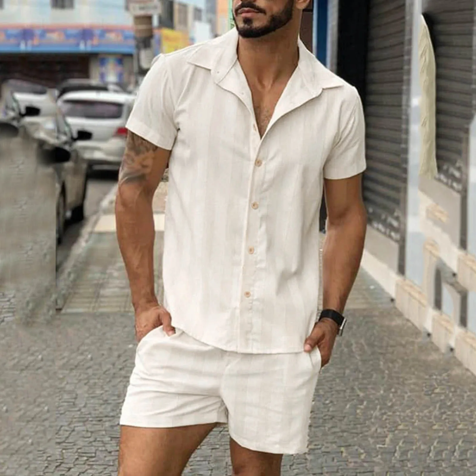 

Men's Stripe Shirt Shorts Set Tracksuit