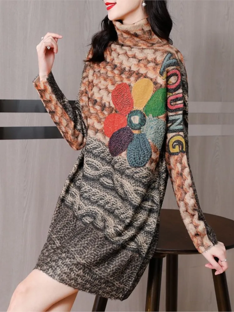 

Woolen Sweater Dress Print Knitted Cotton Midi Dresses Women Korean Vintage Coat 2022 Elegant Bodycon Casual Pullover Robe Pull