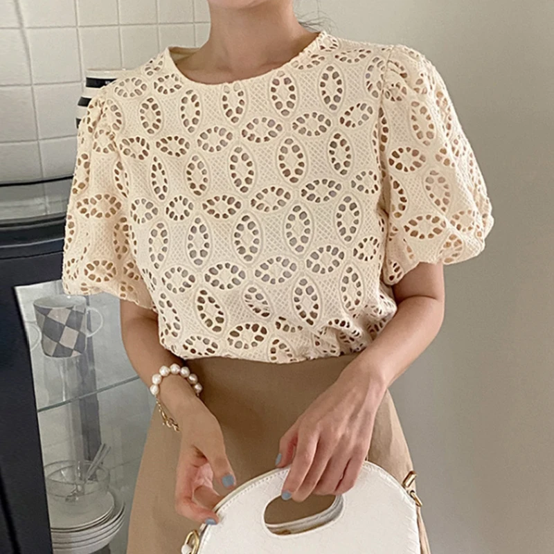 

Летняя Французская женская блузка WDMSNA с круглым вырезом, элегантная однотонная блузка с цветочным узором, свободная рубашка с пышными рукавами для женщин