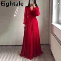 eightale red chiffon a line evening dress long puff sleeve sexy v neck lace custom made plus size arabic formal prom party gown