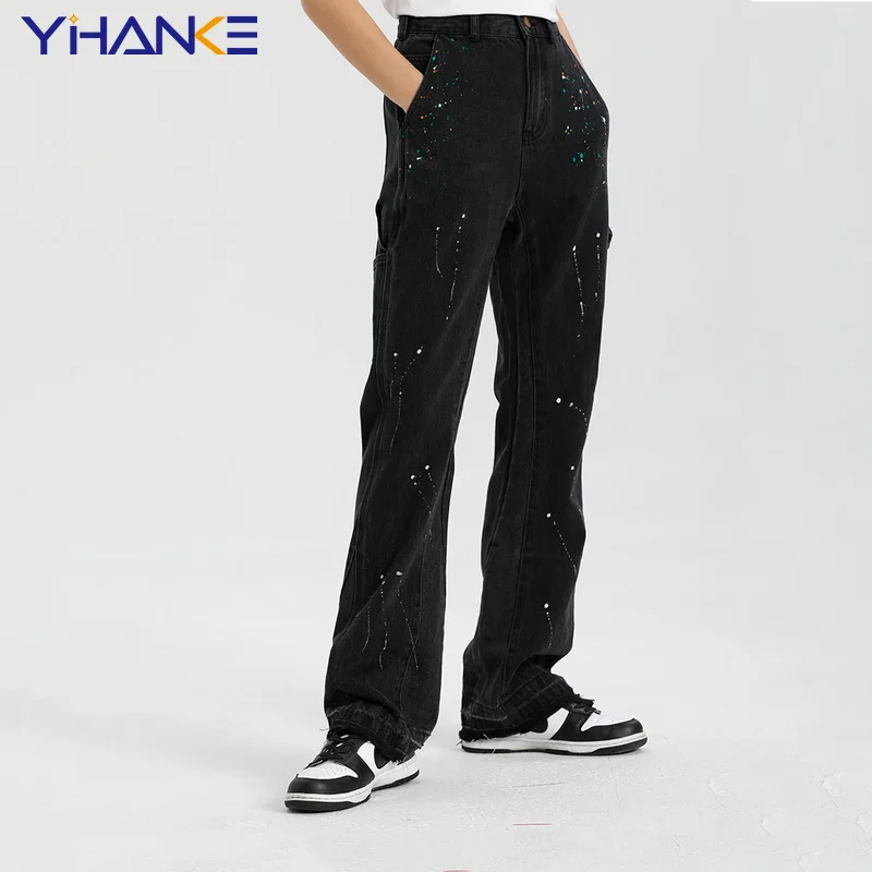 Fashion Women's Jeans Stitching Design Hip-hop Style Splash Ink Slim Trousers Women Streetwear Brand Clothing Y2K Hip Hop Jeans
