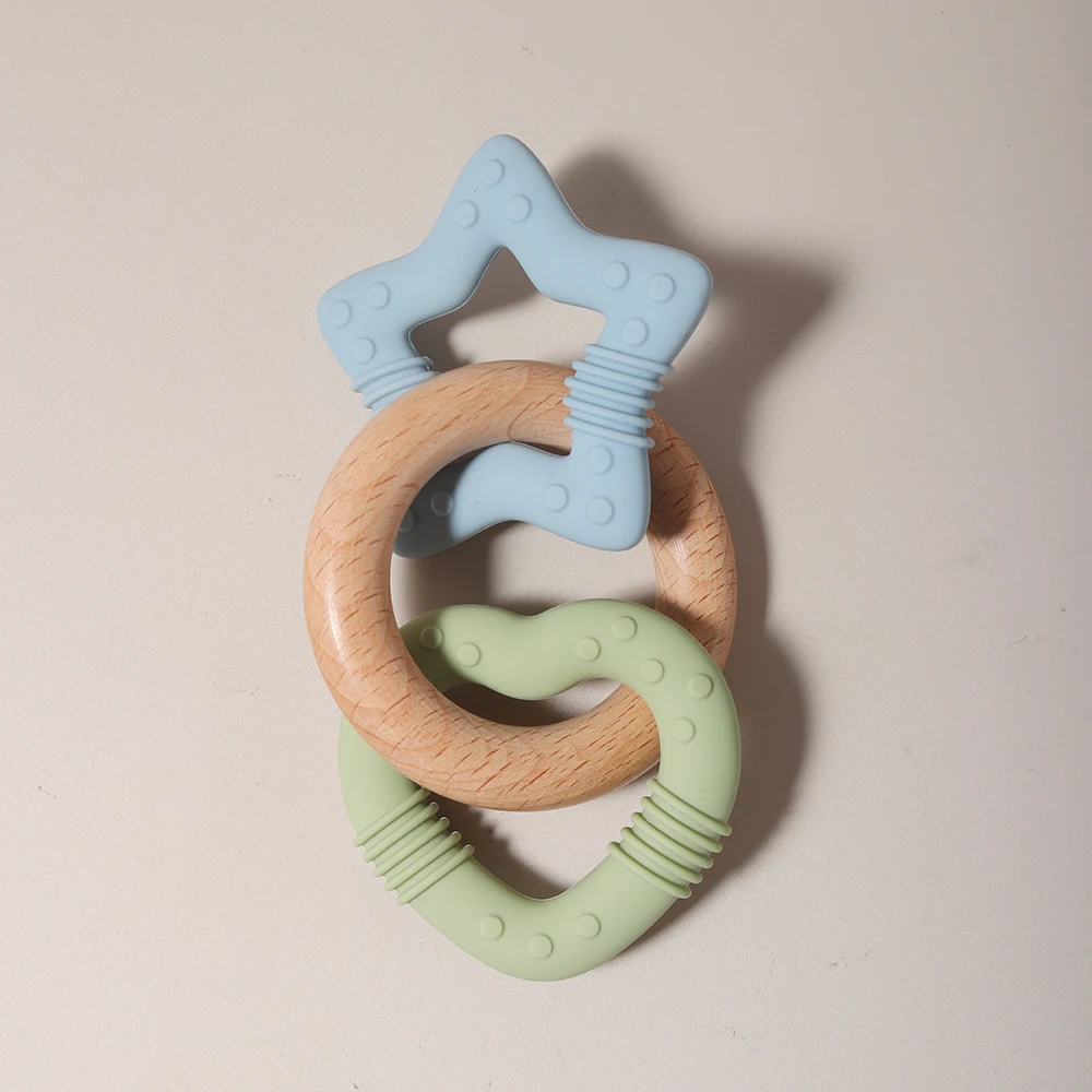 Силиконовый Прорезыватель для зубов в форме звезды и сердца с деревянным