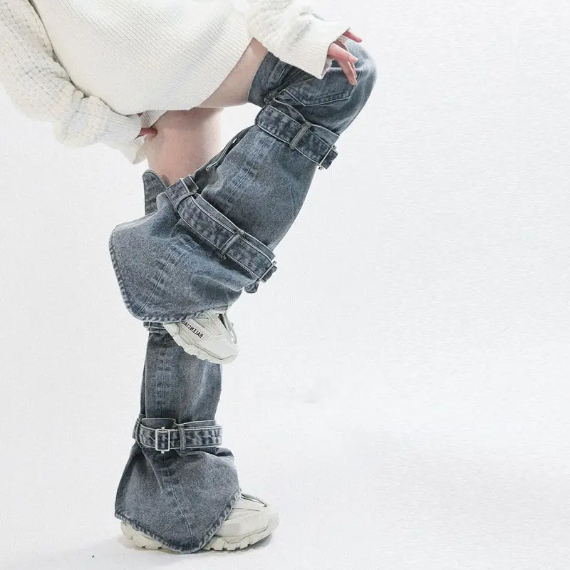 Punk Western Cowboy Leg Warmers Women Winter Japanese Harajuku Patchwork Lace-Up Boot Cover Female Y2K Goth Sock Cover