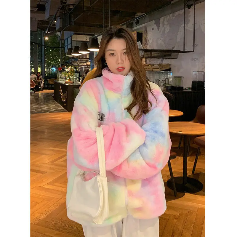 

Tie Dye Woman Zipper Jacket Faux Fur Coat Winter Clothes Women Long Sleeve Oversize Streetwear Fleece Warm Jackets Coats E584