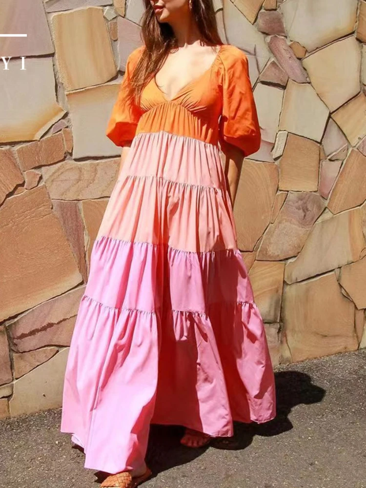 

Dress Summer Women Elegant Patchwork Sexy V-Neck Sweet Long Dress Holiday Beach Dress Streetwear Vestido De Mujer Casual Dresses