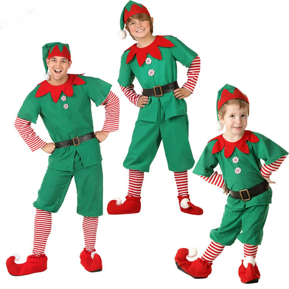 

Christmas Green Elf Cosplay costume Santa Claus Baby Woman Man Family Christmas Party New Year Fancy Dress Clothes Set Chris