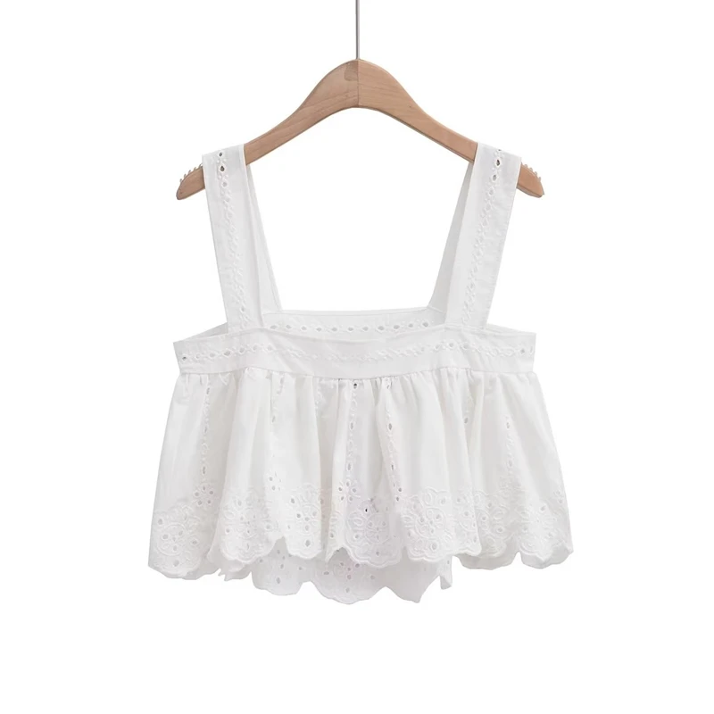 

Женский Летний Новый Привлекательный ажурный топ на бретельках с вышивкой, милая универсальная белая льняная кофта, 2023