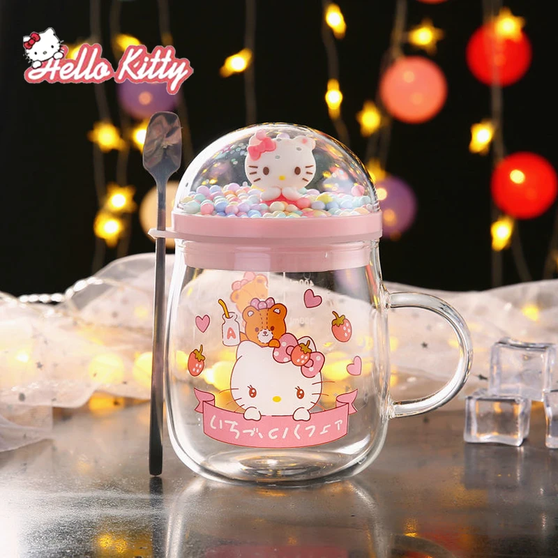 Прозрачная стеклянная чашка Hello Kitty с крышкой для чая кофе ложкой и ручкой летние