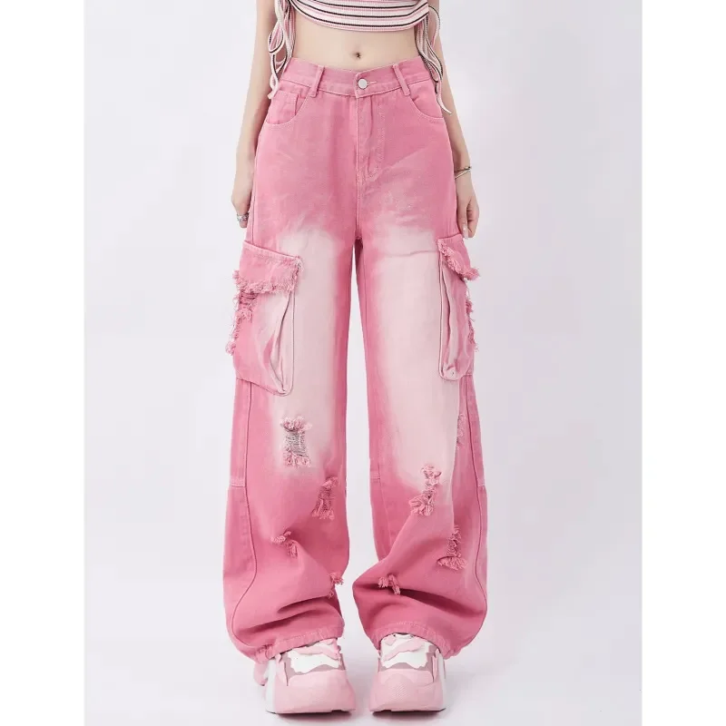 

Джинсы женские с завышенной талией, модные брюки с широкими штанинами в американском стиле, винтажные прямые розовые джинсы в стиле хип-хоп, лето