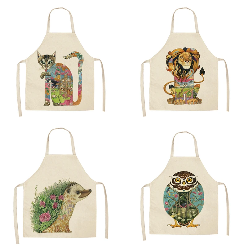 

Creative cartoon animal print apron Men's and women's aprons Sleeveless linen apron Kitchen picnic cooking apron Cleaning tools