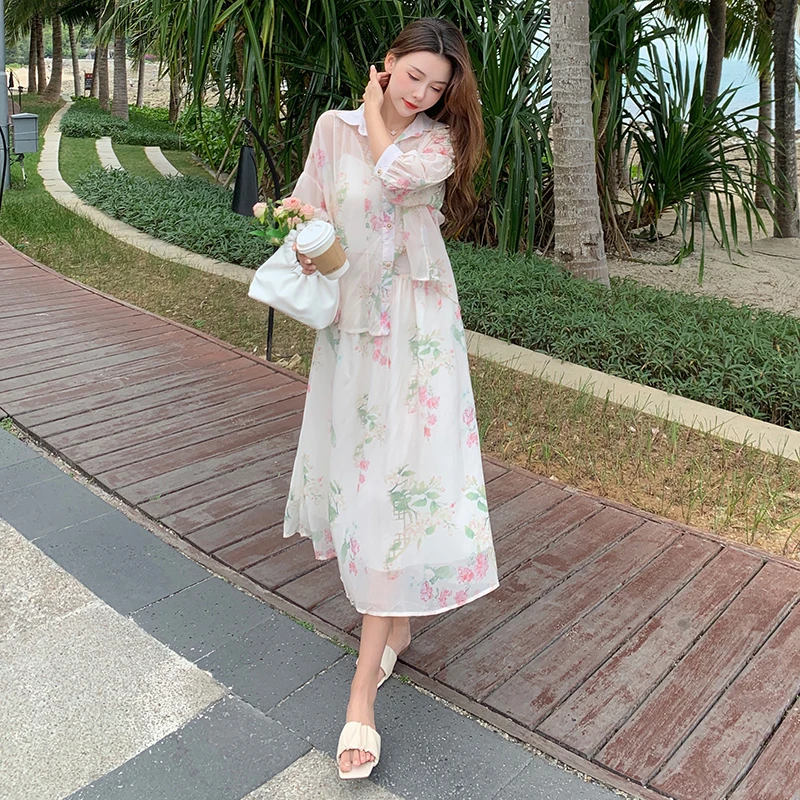 Женский костюм большого размера с цветочным принтом рубашка и трапециевидная