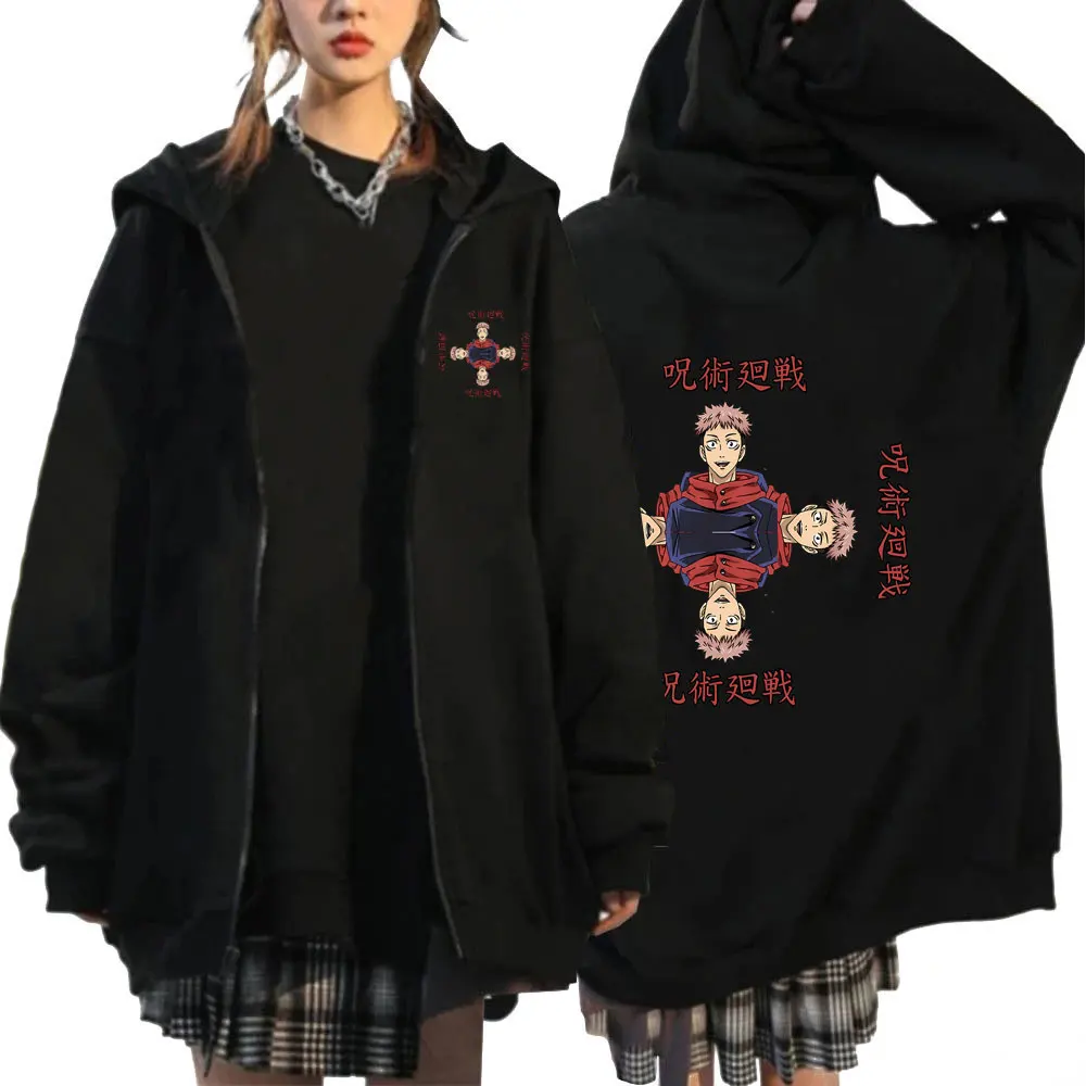 

Anime Jujutsu Kaisen Itadori Yuji Double Sided Print Zipper Hoodie Male Oversized Zip Up Sweatshirt Men Manga Fashion Streetwear